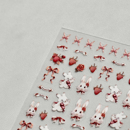 Bunny Nail Stickers Lovely Bunny Nail Art Strawberry Ribbon Rabbit Nail Decals Cute Stickers for Nails Designs Self Adhesive Nail Art Supplies & Decorations for Women Girls 1 Sheet