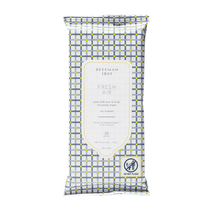 Beekman 1802 Face & Body Wipes, Fresh Air - Scented - 30 Count - Cleanses Dirt & Makeup - With Goat Milk, Aloe & Vitamin E - Alcohol Free, Biodegradable - Good for Sensitive Skin - Cruelty Free