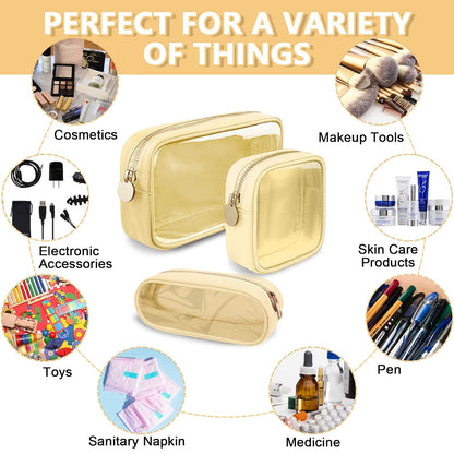 Clear Small Makeup Bag with Zipper, Nylon&PVC Cosmetic Travel Bag Preppy TSA Approved Toiletry Bag for Women Girls, Transparent Waterproof Makeup Pouches Cute Travel Bag for Purse(Small-Beige)