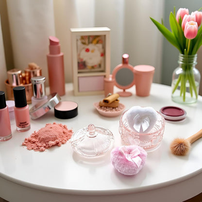 Body Powder Puff and Container - Glass Dusting Powder Container with 2 Soft Puffs Vintage Powder Puff Case for Women & Girls (3.93x3.93x4.13 H in) - GRB017-Pink