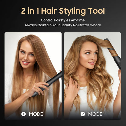 Cordless Hair Straightener and Curler 2 in 1, Titanium Flat Iron with Fast Heating, 4 Adjustable Temperature, Rechargeable Straightener for All Hair Types, Portable Styler for Travel (Black)