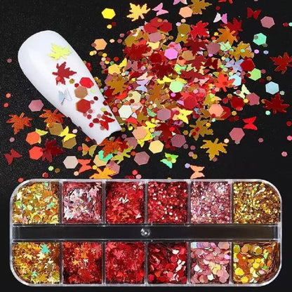 3 Boxes Fall Nail Art Sequins Thanksgiving Day 3D Holographic Gold Red Maple Leaf Nail Glitter Sequins Autumn Nail Supplies Decoration for Women DIY Manicure (36 Grids)