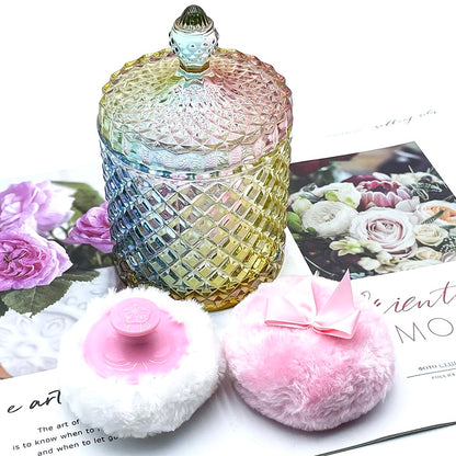 Luxury 4.2 Inch Glass Powder Container with 2 Plush Puffs｜Non-Sealed Refillable Organizer for Body Powder&Makeup｜Setting Powder Applicator w/Loose Powder Storage(Pointed Cylinder-Colorful-Large)
