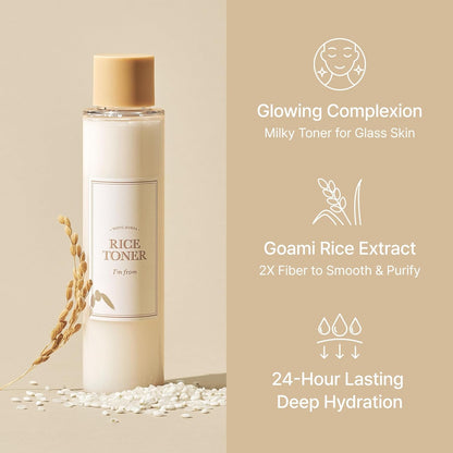 I'm from Rice Toner for Sensitive Skin, Rice Extract from Korea, Glow Essence with Niacinamide, Hydrating, Vegan, Alcohol Free, Fragrance Free, Peta Approved, K Beauty Toner, 5.07 Fl Oz
