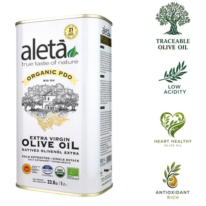 Aleta, Organic & PDO Extra Virgin Olive Oil, 2025 Gold Award, Certified Single Estate, Crete Greece, First-Cold Press, 1 Lt (33.8 oz.) Tin, Pack of 2