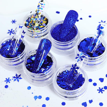 6Grids Christmas Nail Art Glitters Blue Nail Sequin 3D Snowflake Butterfly Heart Powder Nail Glitter Sequins Flakes DIY Winter Xmas Nail Decals for Women Girls Nail Art Decoration Accessories