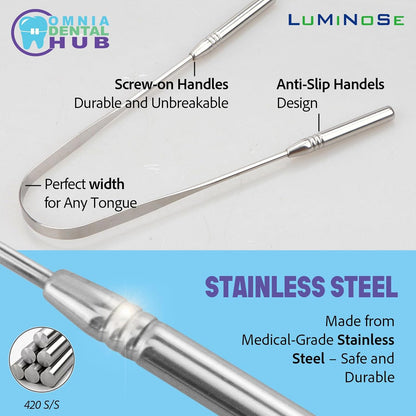3PCs Medical Grade Tongue Scraper by Omnia One | Stainless Steel Tongue Cleaner, Metal Tongue Scraper with Travel Bag | Tongue Scrubber for Bad Breath, Boost Oral Hygiene