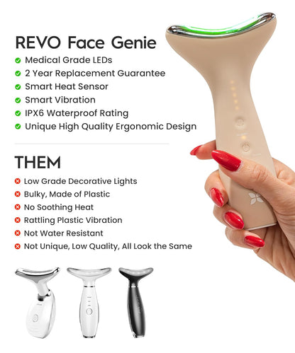 REVO Genie | Face & Neck Beauty Massager with Ultra Powerful LEDs for Wrinkles, Fine Lines, Puffy Skin, Uneven Skin Tone, Lymphatic Drainage, Lifting & Firming Facial Sculpting Tool with Light Therapy