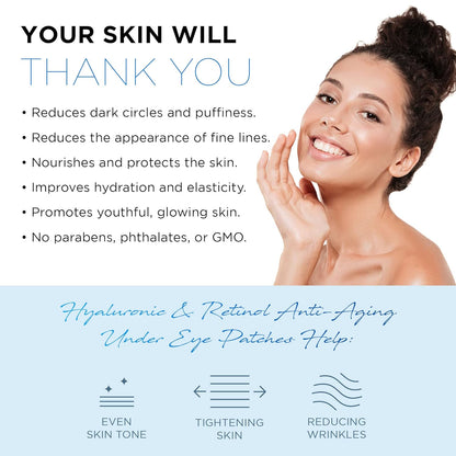 AZURE Hyaluronic & Retinol Anti Aging Under Eye Pads- Moisturizing & Rejuvenating Eye Mask Patches - Reduces Fine Lines, Wrinkles, Dark Circles & Puffiness - Skin Care Made in Korea - 5 Pairs