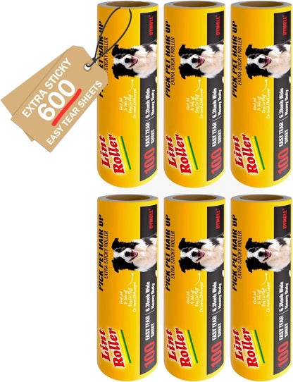 6.3" Large Surface Lint Roller Refills, Extra Sticky Roller for Clothing, Pet Hair, Furniture Cleaning, 6 Refills Total 600 Sheets