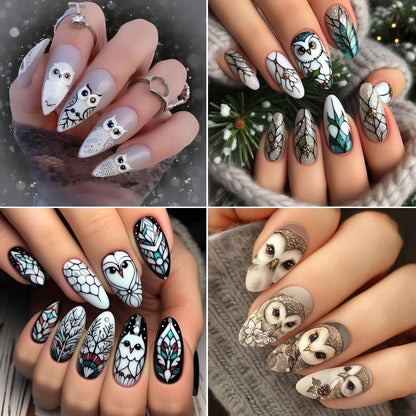 4pcs Christmas Nails Stickers Silver Glitter Leaves Line Owl Nail Art Design 3D Self-Adhesive Nail Decals Xmas Nail Sticker DIY Autumn Winter Manicure Art Supplies Decoration Accessories