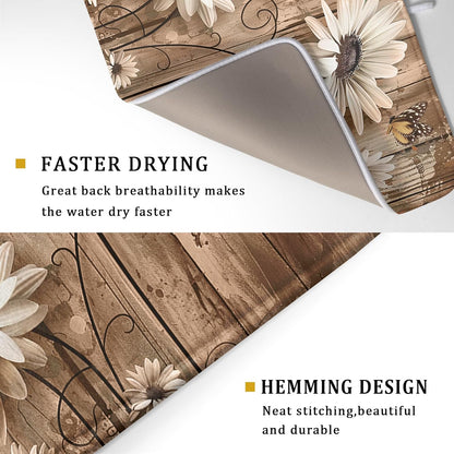 Summer Daisy Flowers Dish Drying Mat for Kitchen Counter 16x18in Rustic Wood Floral Kitchen Mat Daisy Microfiber Absorbent Dish Drainer Mat Fast Dry Kitchen Accessories Dishes Pad for Countertops