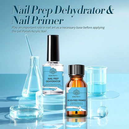 BORN PRETTY Natural Nail Prep Dehydrate and Bond Primer Acid-Free,15ml Dehydrator for Acrylic and Gel Nail Polish, Non Acid Primer for UV Gels Fast Dry Superior Bonding Agent Gift Box Set