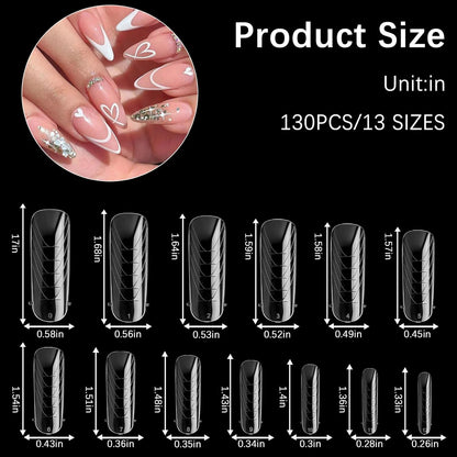 130 Pcs Poly Extension Gel Dual Nail Forms Nail Molds With Scale Builder Coffin Nail for Gel Manicure Nail Art Design Salon DIY at Home (Long Round-Head Dual Nail Forms Set)