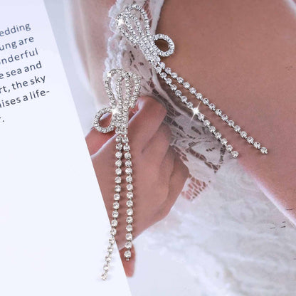 Vintage Crystal Chandelier Drop Earrings Long Rhinestone Chain Earrings Silver Cz Bow Tassel Earrings Sparkly Bridal Tennis Chain Earrings Jewelry for Women