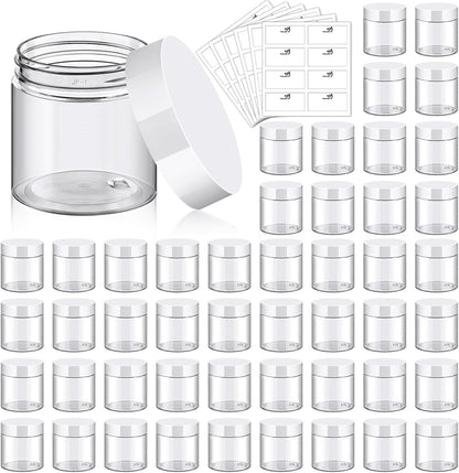 TUZAZO 48 Pack 4 Oz Plastic Container Jars with Lids and Labels BPA Free, Empty Round Clear Cosmetic Containers Plastic Slime Jars for Lotion, Cream, Ointments, Body Butter, Travel Storage (48)