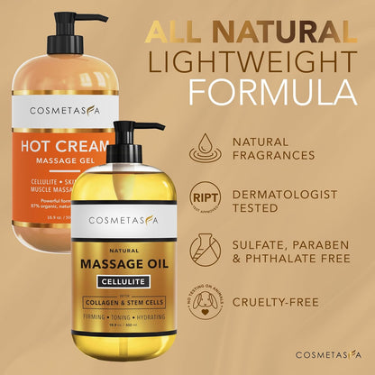 Cellulite Massage Oil & Hot Cream - 100% Natural Cellulite Oil & Gel, Highly Absorbable, Firm, Tone, Tighten & Moisturize Skin - Soothes Muscles (16.9 Fl Oz Each Bottle)