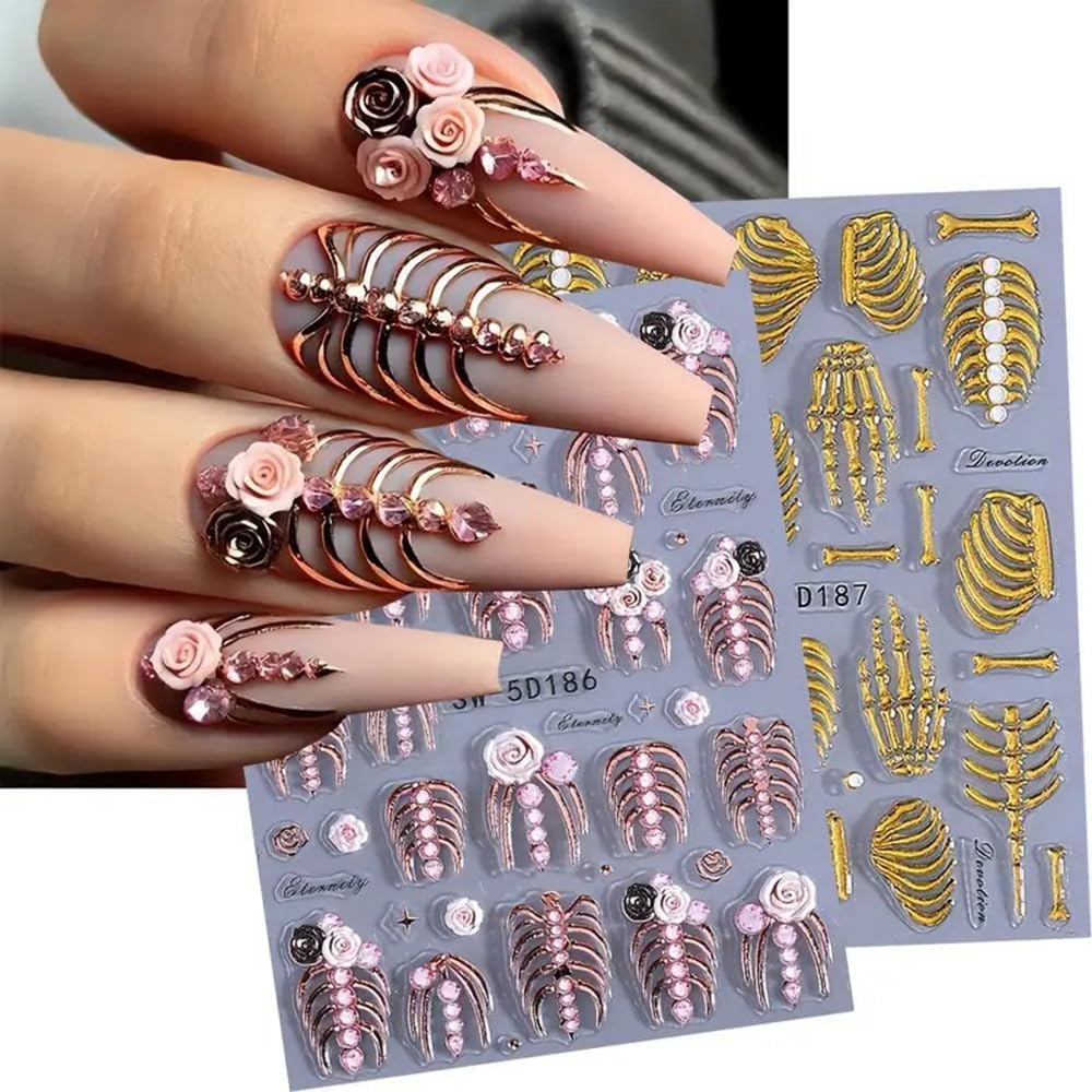 2 Sheets 5D Embossed Skull & Bone Nail Decals for Nail Art Self-Adhesive Halloween Nail Stickers Pink Hand Bone Rose Flower Nail Art Stickers Scary Gold Bones Design Decals for Women Nail Accessories