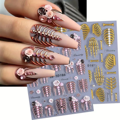 2 Sheets 5D Embossed Skull & Bone Nail Decals for Nail Art Self-Adhesive Halloween Nail Stickers Pink Hand Bone Rose Flower Nail Art Stickers Scary Gold Bones Design Decals for Women Nail Accessories