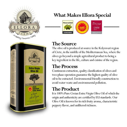 Ellora Farms Olive Oil Extra Virgin, Certified PDO Polyphenol Rich Extra Virgin Olive Oil Cold Pressed & Traceable, Global Gold Awards EVOO, Kosher, Single Origin, Crete, Greece 33.8 Fl oz (1 Ltr)