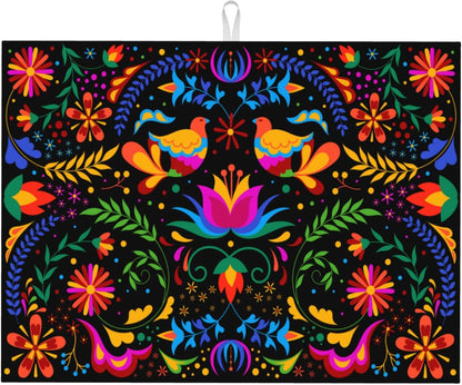 Mexican Flower Microfiber Dish Drying Mat for Kitchen Counter Mexican Dishes Pad Black Dish Drainer Rack Mats 18"x24" Absorbent Washable Reusable