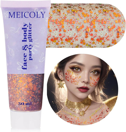MEICOLY Chameleon Sunset Red Body Glitter,Chunky Glitter Paint,Color Changing Mermaid Face Glitter Gel,Holographic Glitter Sequin for Face Body Hair,Halloween Festival Party Glitter Makeup,50ml
