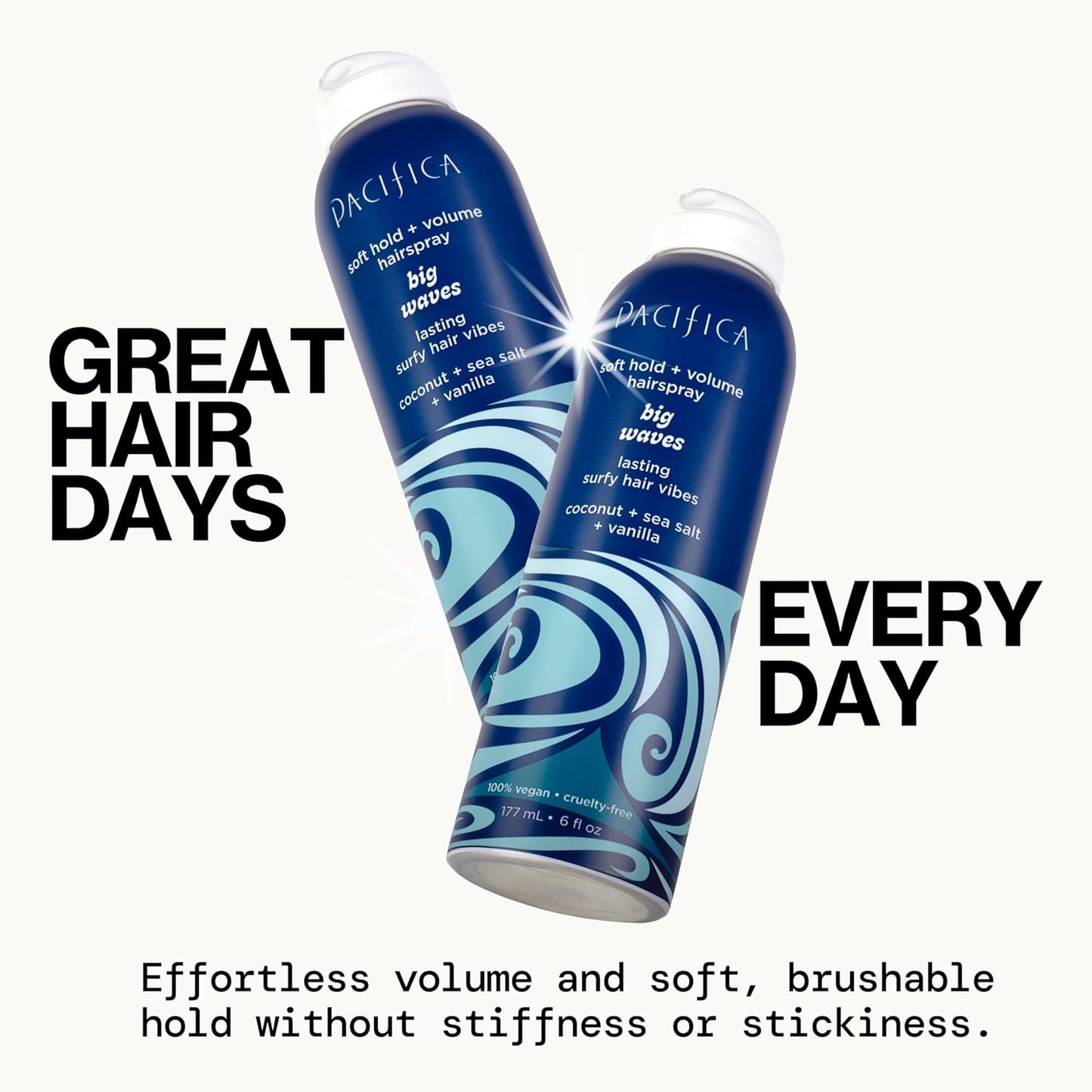 Pacifica Beauty Big Waves Coconut, Vanilla & Sea Salt Hairspray, Controls Frizz & Adds Volume, Designed for Wavy Hair, Vegan & Cruelty-Free, 6 Fl Oz