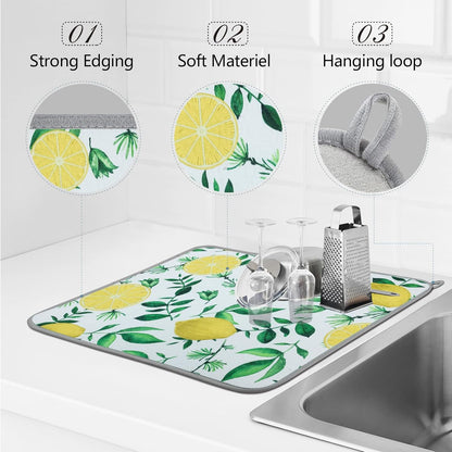 SHIYUE Dish Drying Mat for Kitchen Counter Super Absorbent Spring Kitchen Decor Microfiber Drying Matainers Rack Fast Pad Dish Drainer Mats(Yellow Lemon Green Leaves,18''x24'')