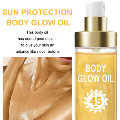 Body Glow Oil, Sunscreen Shimmer Oil, SPF 45 Broad Spectrum, Body Oil with with Coconut Oils, Moisturizing Glow for Face & Body, Liquid Illuminator Highlighter, Water Resistant, 3.72 fl oz (#1 GOLD)