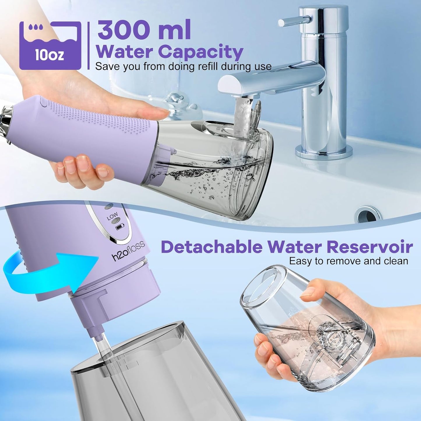 Water Dental Flosser Teeth Pick, H2ofloss Cordless Portable Oral Irrigator 300ML Rechargeable Travel Irrigation Cleaner IPX7 Waterproof WaterFlosser for Home Travel Lavender