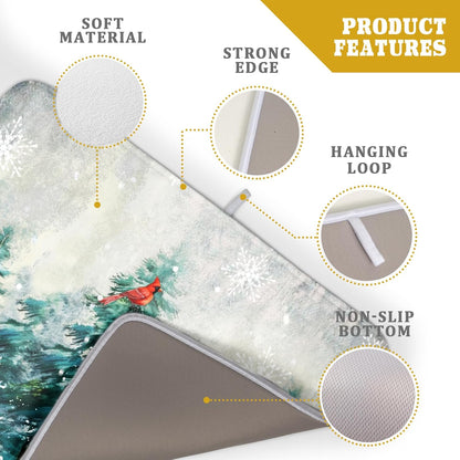 Pine Tree Dish Drying Mat for Kitchen Countertop Red Bird Dishes Mats Winter Decorative Absorbent Reversible Drainer Rack Pad 18x24 Inch