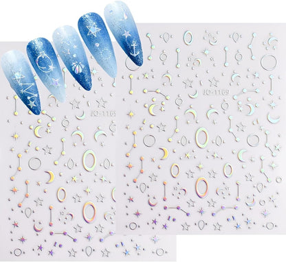 12 Sheets Aurora Nail Stickers for Nail Art 3D Self Adhesive Moon Star Nail Art Stickers Aurora Nail Decals Glitter Holographic Nail Design Heart Nail Art Supplies DIY Manicure Decorations for Women