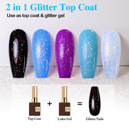 Double Rhythm 15ML No Wipe Gel Top Coat Base Coat Iridescent Glitter Shimmer 2 in 1 Nail Polish Soak Off Manicure DIY Home Salon (AURORA TOP COAT 6)