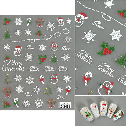 5D Embossed Christmas Nail Stickers Self Adhesive Christmas Nail Art Stickers Snowman Snowflake Nail Decals Winter Nail Design Santa Claus Nails Supplies for Women Girls 2 Sheets