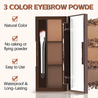 3 Colors Eyebrow Powder Set, Brow Powder Makeup Palette, Defining and Sculpting Brows, Waterproof Eye Contour Kit with Brush Applicator
