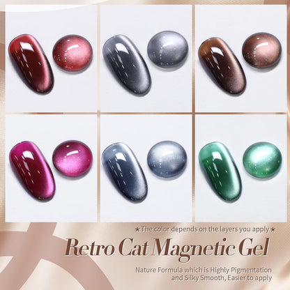 Born Pretty Cat Magnetic Eye Gel Nail Polish, Fall Winter Retro Cat Magnetic Gel, Pink Brown Blue Gray Green Magnetic Soak Off Nail Art Salon Manicure Home Gift 7ML 6PCS