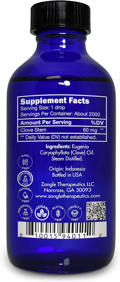 Clove Oil, Food Grade, for Teeth and Gums, Tooth Aches – 100% Pure, Clove, Bud, Essential, Oil, by Zongle Therapeutics, 4 OZ