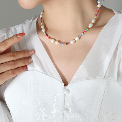 Boho Pearl Choker Necklace Vintage Blue Heishi Surfer Choker Imitation Pearl Necklace Chain Vinyl Seed Beads Necklace Summer Beach Bohemian Necklace Jewelry for Women and Girls