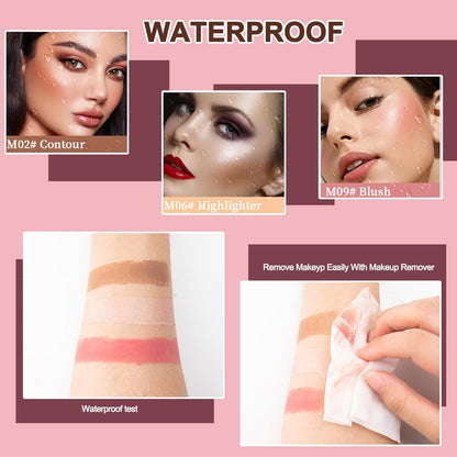 3 Pcs Cream Contour Stick Makeup Kit,Shades with Highlighter Stick,Blush Stick and Bronzer Contour Stick for Brightening and Trimming the Cheeks, Non-greasy, Waterproof Long-lasting Effect(#02,06,09)