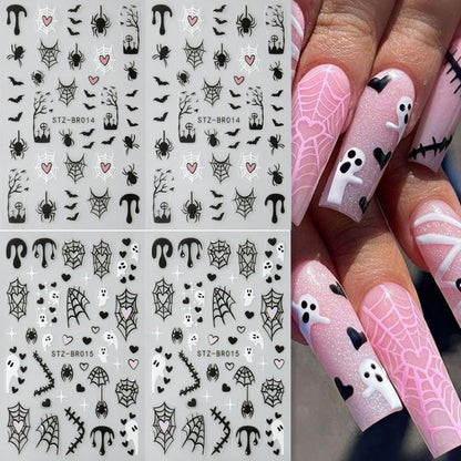 4sheets Halloween Nail Stickers 3D Self-Adhesive Ghost Nail Art Stickers - Black Spider Bat Decals with Heart Spider Web Blood Droplets Design for Women DIY Holiday Nail Decoration