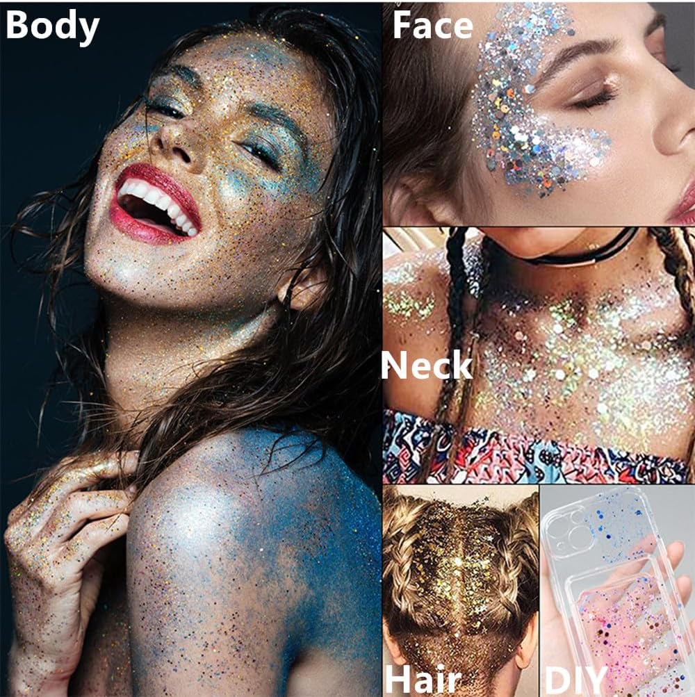 Go Ho Orange Face Body Glitter,Sparkle Orange Face Paint Glitter Makeup,Holographic Chunky Sequins Glitters Gel for Eye Lip Hair Nails,Festival Rave Accessories,52g