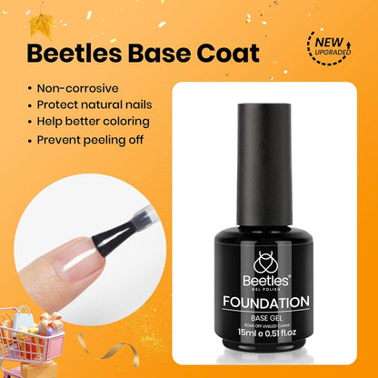 Beetles 2 Pcs 15ml No Wipe Gel Top Coat and Base Coat Set - Shine Finish and Long Lasting, Soak Off LED Nail Lamp Gel Base Top Coat Finish Nail Art Design Manicure Gifts for Women