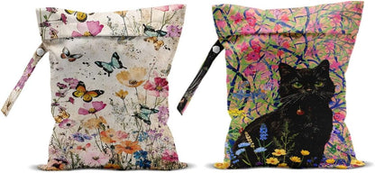 2Pcs Wet Bags, Cat Lover Gifts Wet Dry Bag Reusable for Swimsuit, Travel, Diapers, Beach, Dirty Yoga Gym Clothes, Toiletries, Makeup Bag, Waterproof Butterfly Cat Floral Print Birthday Christmas Gifts