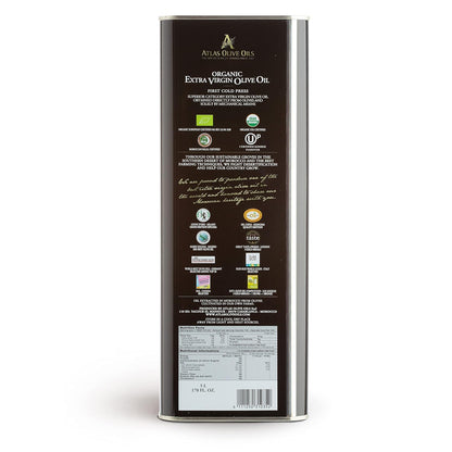 A ATLAS OLIVE OILS Bulk Organic Cold Pressed Moroccan Extra Virgin Olive Oil, Polyphenol Rich, Newly Harvested Unprocessed from One Single Family Farm Cold Press Ext. Virgin 170 Fl Oz (Pack of 1)