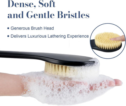 Back Scrubber for Shower, Shower Body Brush for Cleaning with Long Handle for Showering, 17 Inch Back Washer Exfoliator for Shower Men Women with Non-Slip Handle, Adhesive Hook (Black-Boar Bristles)