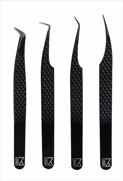 M LASH Eyelash Extension Tweezers (Set of 4) - Professional & Precision Lash Tweezers for Eyelash Extensions - Japanese Steel, Diamond Grip, Fiber Tip V3 (Black)