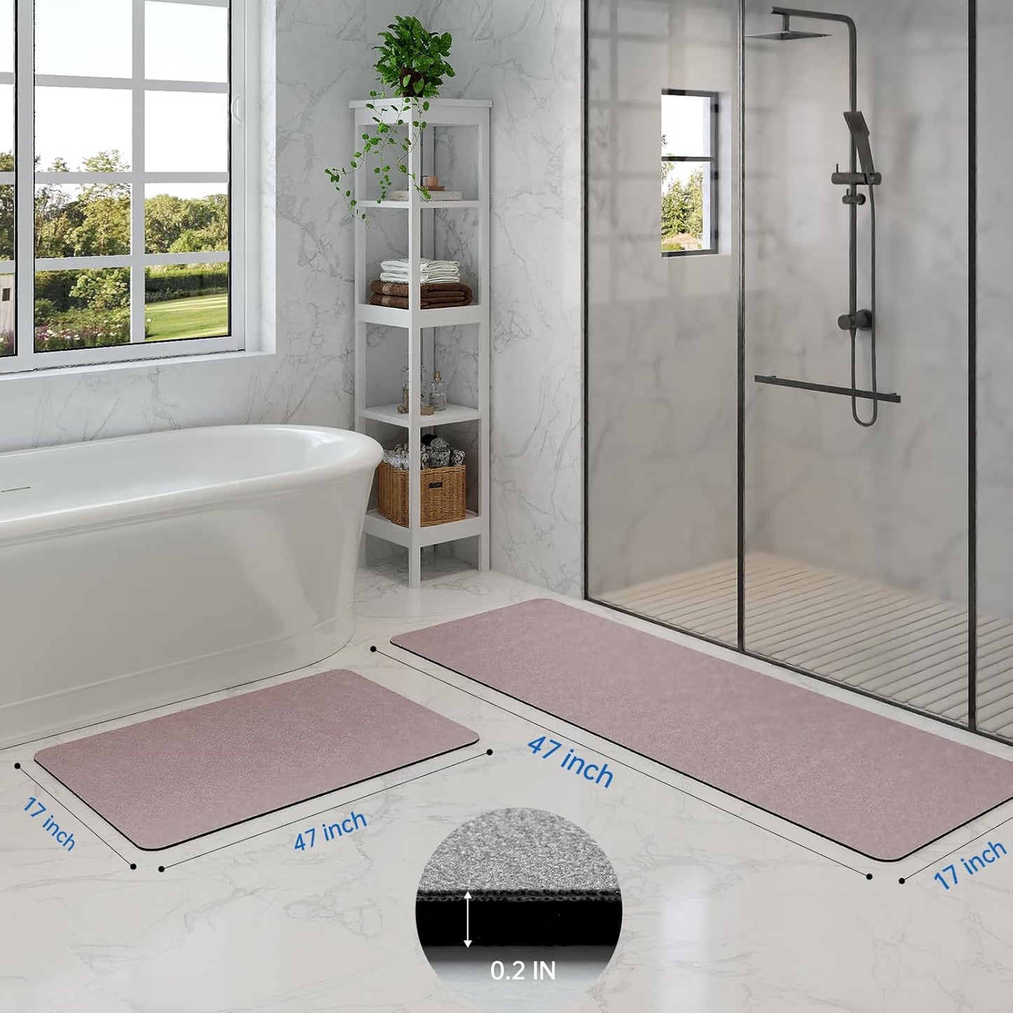 Blush Pink Bath Mat Set 2 Piece - Quick Dry Super Absorbent Diatomaceous Earth Bathroom Rugs With Rubber Backing Non-Slip for Shower Floor, 47x17 + 24x17
