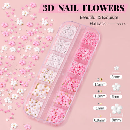 3D Nail Charms, Manicure Kit with Nail Rhinestone Glue Gel (UV Curing), Butterfly White Pink Flower Starry AB Gems Caviar Beads Half Round Pearl & Flatback Glass AB + Clear Gems with Dotting Tools