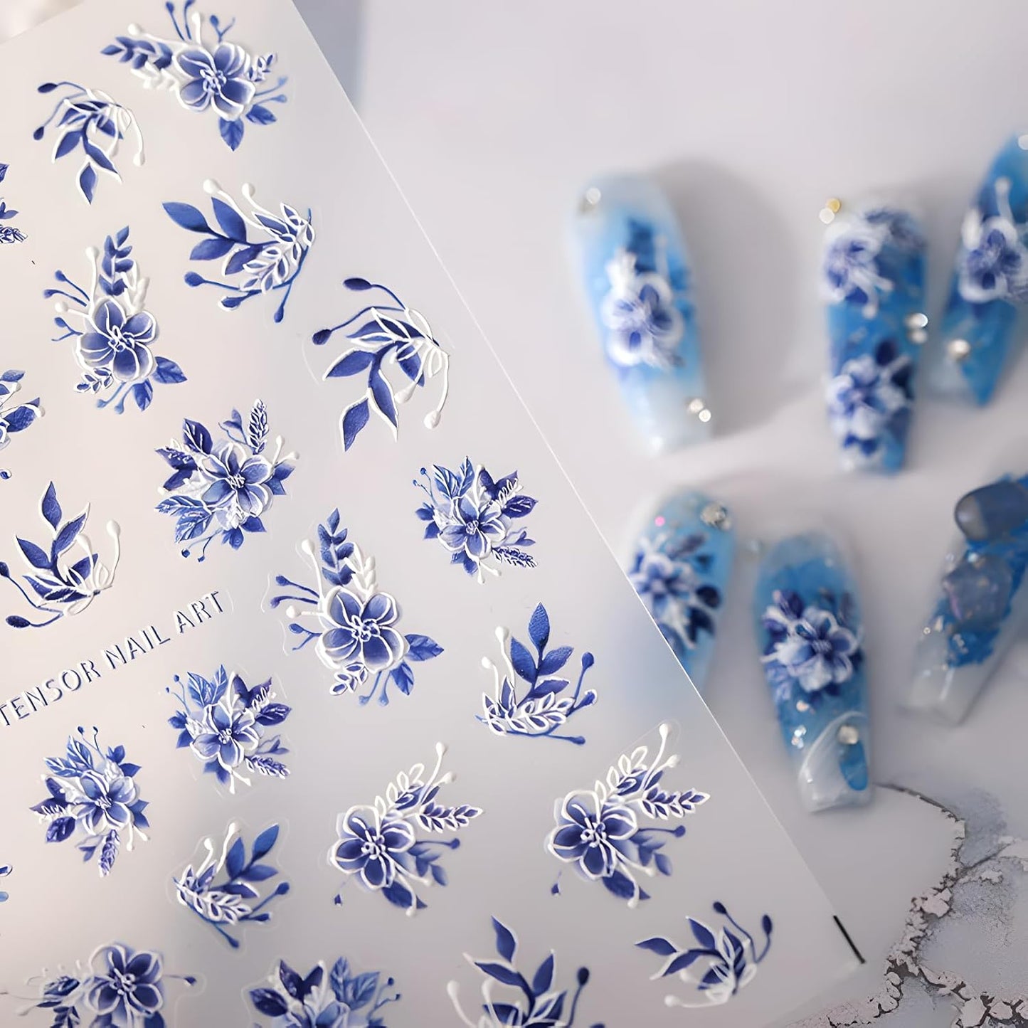 5D Embossed Flowers Nail Stickers for Nail Art Self Adhesive Blue White Flowers Nail Decals Spring Summer Nail Art Stickers Decoration Accessories for Women and Girls
