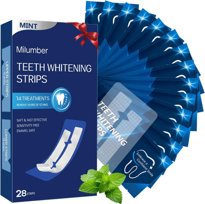 Teeth Whitening Strips for Sensitive, 28 Strips Whitener Safe Whitestrip, Deep Stains Removal Tooth Whitening, Enamel Safe Non-Slip Dry Strip Technology for Whiter Teeth, Mint